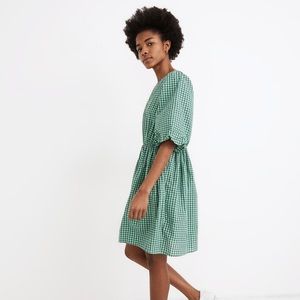 Madewell Gingham Crewneck Bubble-Sleeve Mini Dress